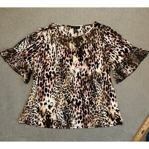 Adele & May Top 3X Animal Leopard Art Flare Short Sleeve Stretch Pink Black